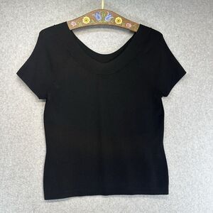 Talbots Womens Blouse Ribbed Round Neck Short Sleeve Black Size Large